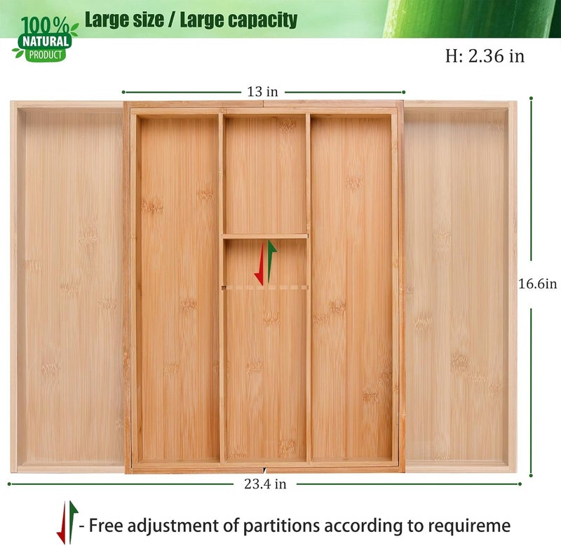 guiogc Bamboo Silverware Organizer, Expandable Kitchen Drawer Organizer and Utensil Organizer, Cutlery Tray with Drawer Dividers for Kitchen Utensils and Flatware, Bedroom, Living Room (Natural) - Image 2